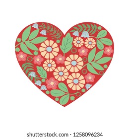 Cute  pattern, flowers in heart, hand drawn,  card,  gift,  sign of love, vector illustration