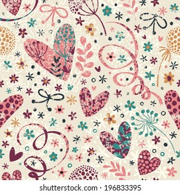 Cute pattern with flowers and hearts. Seamless background