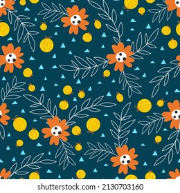 Cute pattern with flowers and leaves on a blue background. Floral seamless background, vector texture for kids bedding, fabric.