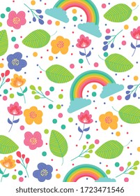 adorable patrón con hojas florales y arcoiris entre nubes. ilustración vectorial