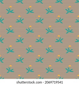 Cute pattern with flowers on a beige background. Yellow minimalistic plants . Stylish hipster print for clothing or bedding. Suitable for posters, cards and gift paper wrapping. Eps 10
