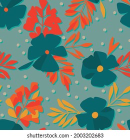 Patrón lindo con flores en un fondo azul. Plantas minimalistas de colores. Diseño hipster para ropa, vestimenta o ropa de cama. Adecuado para afiches, tarjetas y envoltura de regalos. Eps 10
