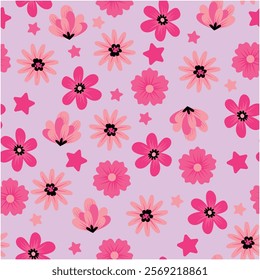 Cute pattern of flowers with pink stars. Seamless vector pattern. Great for kids clothes and school supplies