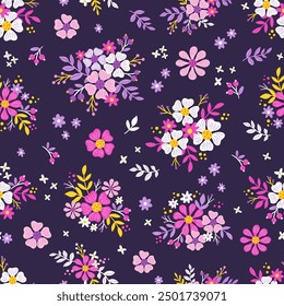 Lindo patrón con flores. Patrón sin fisuras de Vector. Grande para la ropa de los niños y los útiles escolares. Color violeta. 