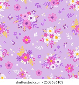 Cute pattern with flowers. Vector seamless pattern. Great for children's clothing and school supplies. Violet color. 