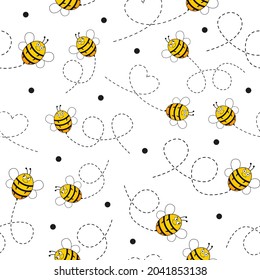 Cute pattern with flying bees. Cartoon happy bees with dotted lines. Vector illustration isolated on white.