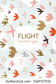 Cute pattern with flying birds in the sky with place for your text. Animal print design for greeting card, flyers, banners and posters. Vector hand-drawn background with cloud frame and birds.
