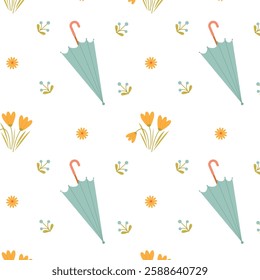 Cute pattern with a folded blue umbrella and spring flowers on a white background