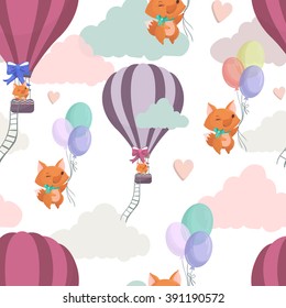 The cute pattern with the foxes and balloons, flies through clouds