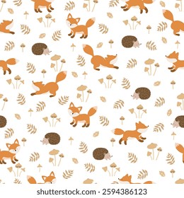 Cute pattern with foxes, hedgehogs, mushrooms abd leaves. Children's seamless pattern.