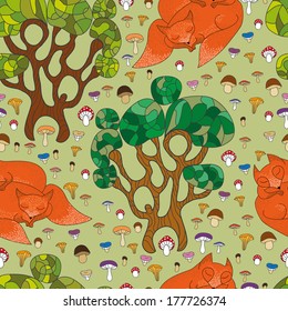 cute pattern foxes, trees, mushrooms