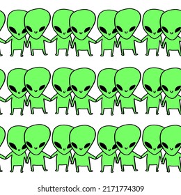 Cute pattern with friens aliens, ufo in space. White paper for scrapbooking doodle cosmos.