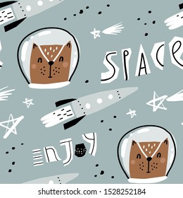 Cute pattern with funny astronaut, cool rocket and other elements of space. Vector illustration for gift wrapping paper, textile, surface textures, childish design.