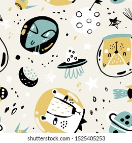 Cute pattern with funny astronauts and other elements of space. Vector illustration for gift wrapping paper, textile, surface textures, childish design. 