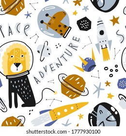 Cute pattern with funny astronauts and other elements of space. Vector illustration for gift wrapping paper, textile, surface textures, childish design.