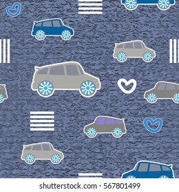 Cute pattern with funny cartoon cars on blue background, for children's textile