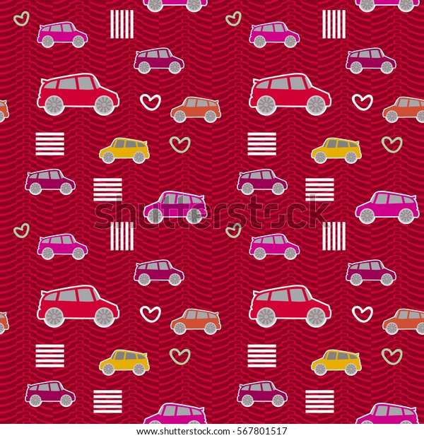 Cute pattern with funny cartoon cars on red
background, for children's
textile