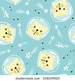 Cute pattern with funny cat astronaut and falling stars. Seamless vector texture for baby design.