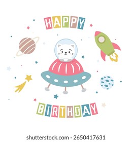 Cute pattern with funny cat in space, baby shower greeting card. Cute vector texture for kids bedding, fabric, wallpaper, wrapping paper, textile, t-shirt print
