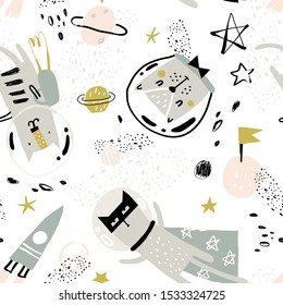 Cute pattern with funny cats astronauts, cool rocket and other elements of space. Vector illustration for gift wrapping paper, textile, surface textures, childish design.