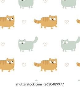 Cute pattern with funny cats and hearts on a white background