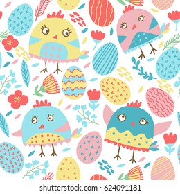 Cute pattern with funny chicks and colorful Easter eggs. Vector illustration.