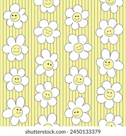 A cute pattern with funny daisies on a striped yellow background. Vector