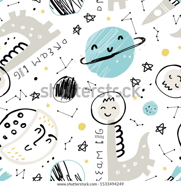 Cute pattern with\
funny dino astronauts, cool rocket and other elements of space.\
Vector illustration for gift wrapping paper, textile, surface\
textures, childish\
design.