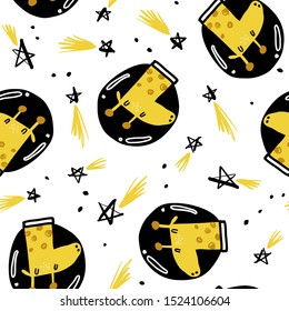 Cute pattern with funny giraffe astronaut and falling stars. Seamless vector texture for baby design.