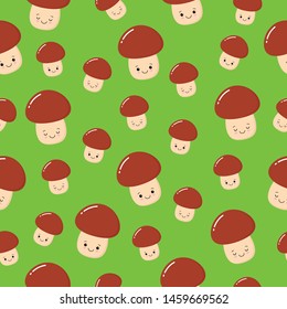 Cute pattern with funny happy smiling mushrooms. Beautiful background. Mushroom pattern can be used for wallpaper, cover fills, web page background, surface textures. Vector mushroom.