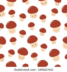 Cute pattern with funny happy smiling mushrooms. Beautiful background. Mushroom pattern can be used for wallpaper, cover fills, web page background, surface textures. Vector mushroom.
