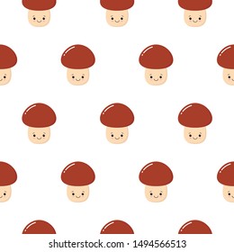 Cute pattern with funny happy smiling mushrooms. Beautiful background. Mushroom pattern can be used for wallpaper, cover fills, web page background, surface textures. Vector mushroom.