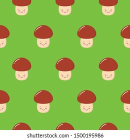 Cute pattern with funny happy smiling mushrooms. Beautiful background. Mushroom pattern can be used for wallpaper, cover fills, web page background, surface textures. Vector mushroom.