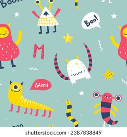 Cute pattern with funny monsters for babies. Abstract vector print with naive monsters for kids textile.