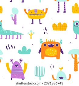 Cute pattern with funny monsters for baby. Abstract vector print with naive doodle creatures for kids textile.
