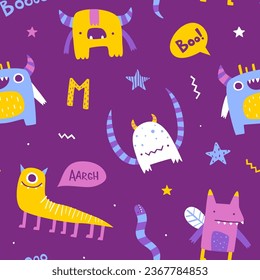 Cute pattern with funny monsters for children. Abstract vector print with naive monsters for kids textile.