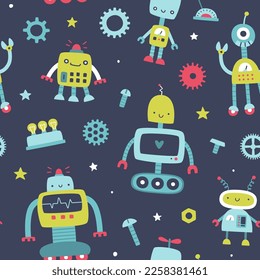 Cute pattern with funny robots for kids. Naive seamless vector print for baby boys textile and apparel.
