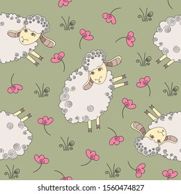 Cute pattern of funny sheep. Cute seamless pattern with funny sheeps. Cute vector illustration template of funny sheep for children, freehand drawing. Fluffy animal fur background textile. 
