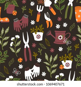 Cute Pattern with Garden Tools on Dark Background. 