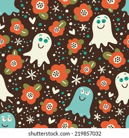 Cute pattern with ghosts and flowers. Seamless vector background for the holiday Halloween.