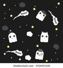 Cute pattern with ghosts and starry sky.
