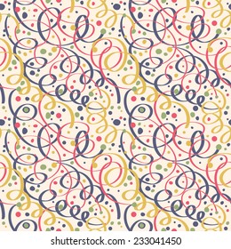 Cute pattern with gifts, birds, streamers and flowers. Seamless vector background for your design.