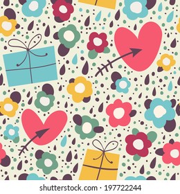 Cute pattern with gifts, flowers and hearts. Cheerful seamless pattern.