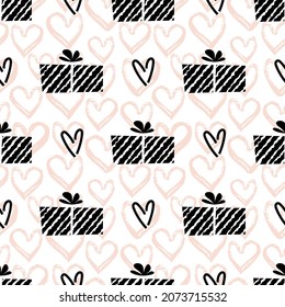 Cute pattern with gifts and hearts in beige pastel colors with seamless texture for wrapping paper and backgrounds.