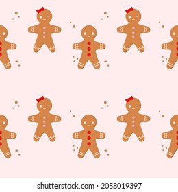 Cute pattern with gingerbread men in cartoon style. Christmas and New Year.