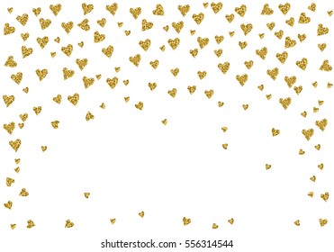 Cute pattern with gold hearts confetti. Gold glitter effect texture. A4 size. Hand-drawn decorative elements in vector. 