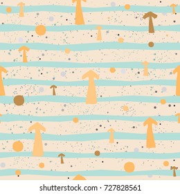 Cute Pattern with Golden balls and arrows with pastel blue stripes on beige background with tiny dots. Hand Drawn Design. Great for wall art design, gift paper, wrapping, fabric, textile, etc.