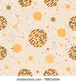 Cute Pattern with Golden balls  on beige background with tiny dots. Hand Drawn Design. Great for wall art design, gift paper, wrapping, fabric, textile, etc. Vector Illustration