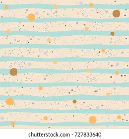 Cute Pattern with Golden balls with pastel blue stripes on beige background with tiny dots. Hand Drawn Design. Great for wall art design, gift paper, wrapping, fabric, textile, etc.
