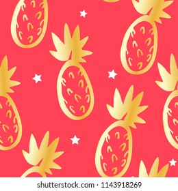 Cute pattern with golden pineapples and stars on red background. Ornament for textile and wrapping. Vector.